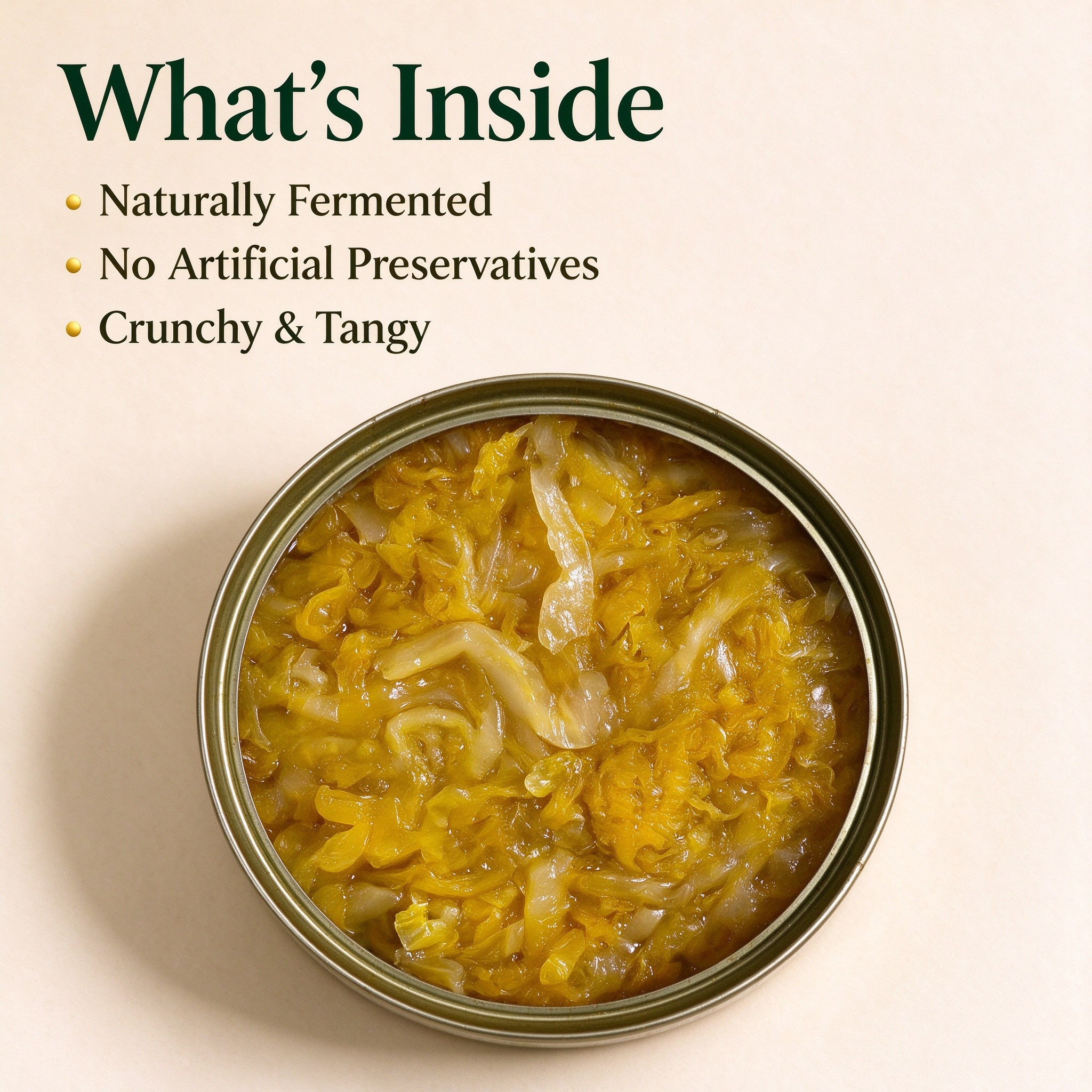 An opened tin of sauerkraut, seen from above