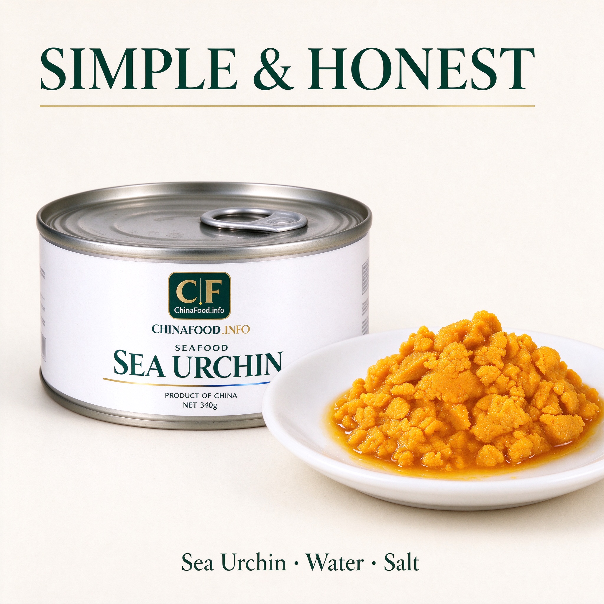 Sea urchin roe served in a dish, with the trade can beside