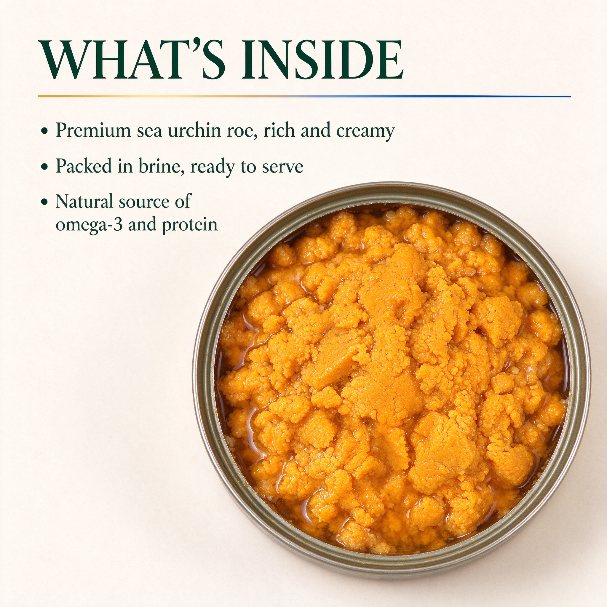 An opened tin of premium sea urchin roe in brine, seen from above