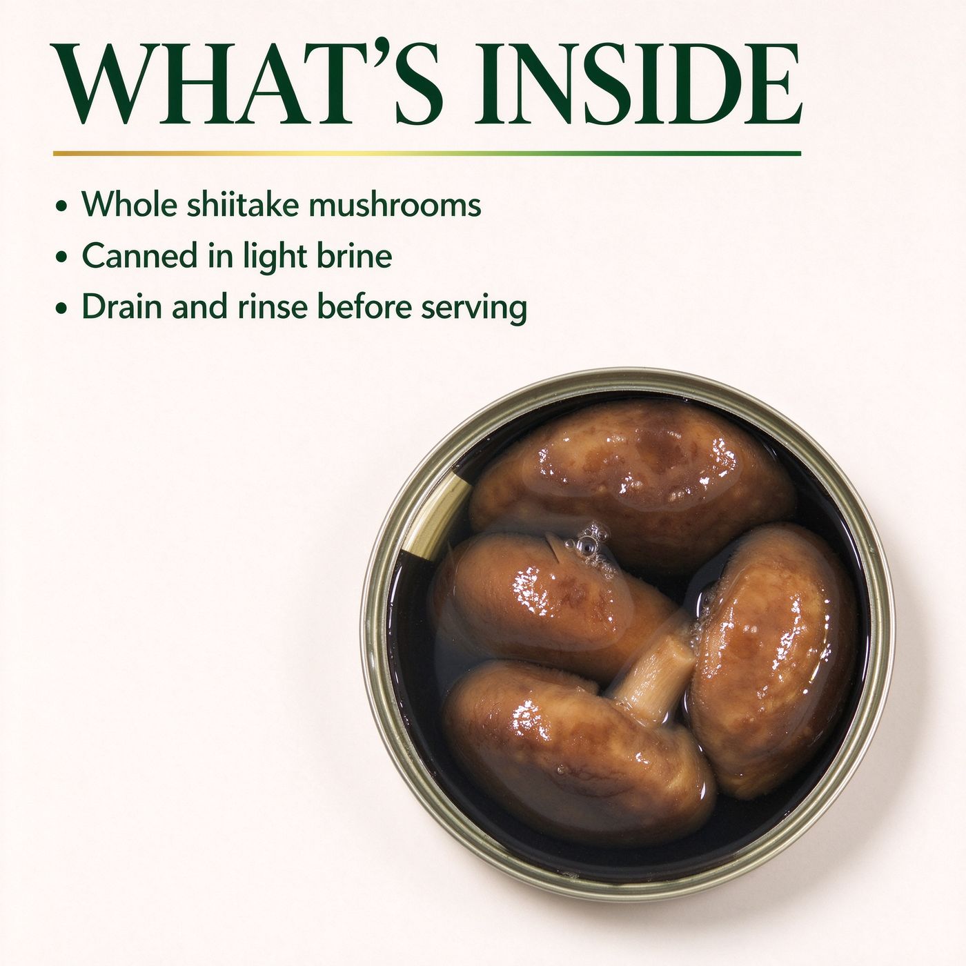 An opened tin of whole shitake mushrooms in brine, seen from above