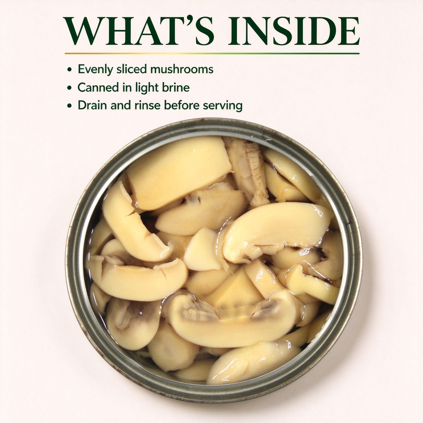 An opened tin of sliced mushrooms in light brine, seen from above