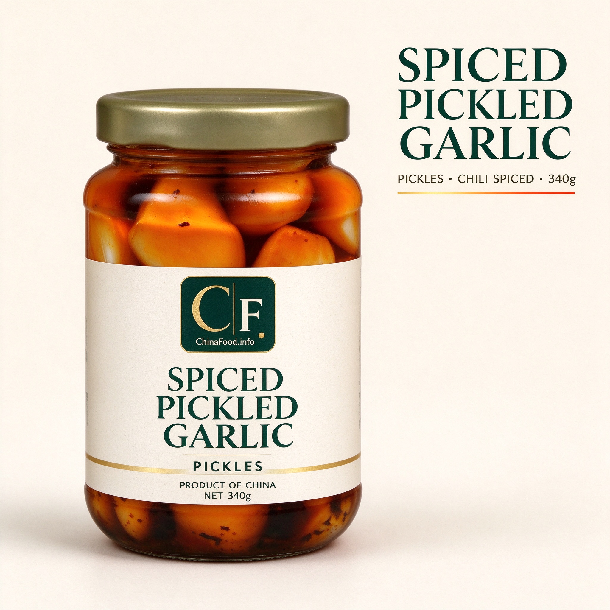 spiced pickled garlic - jar render, glass jar net 340g