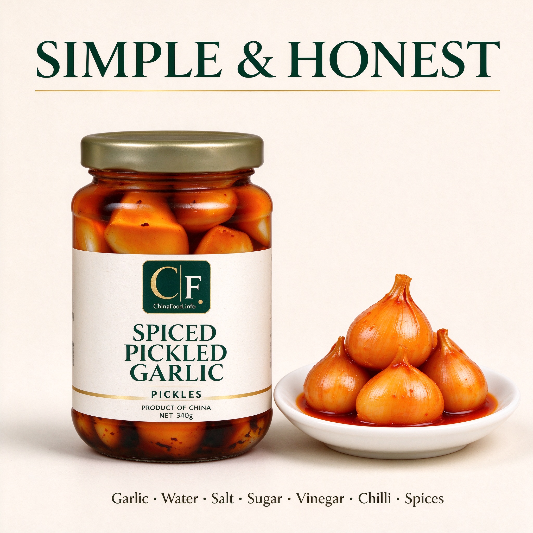 Spiced pickled garlic cloves in a dish, with the trade jar beside