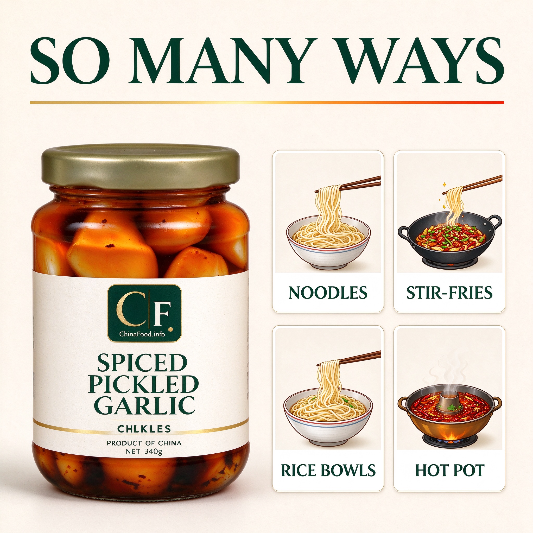 Spiced pickled garlic with suggested uses