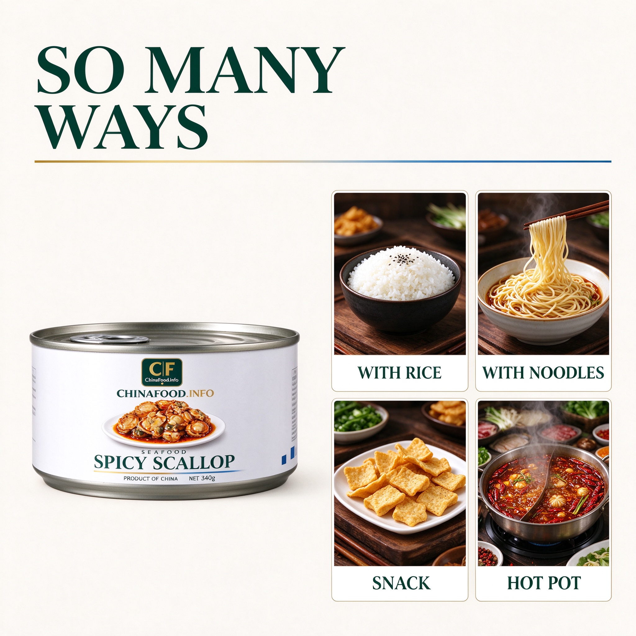 Spicy scallops served with suggested uses, with the trade can beside
