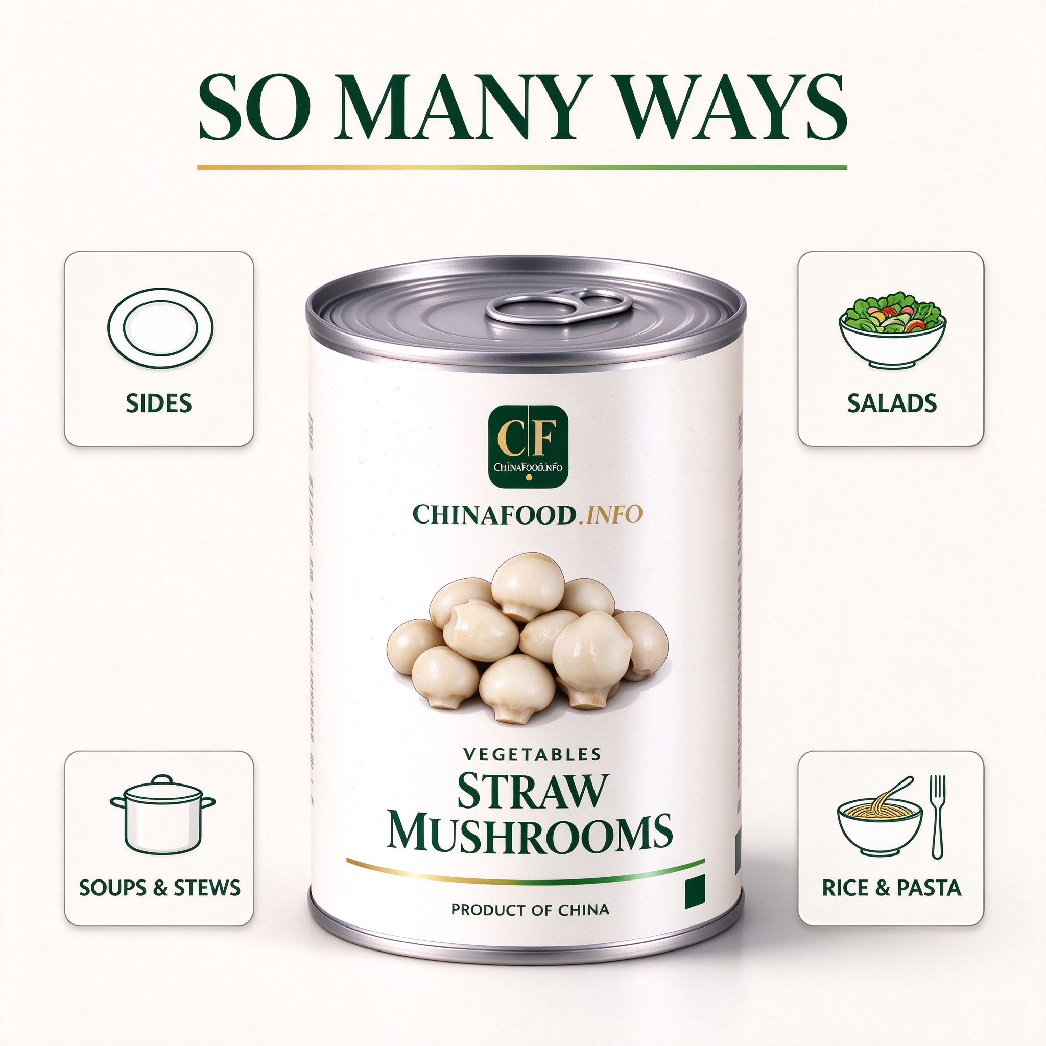 Canned straw mushrooms with suggested uses