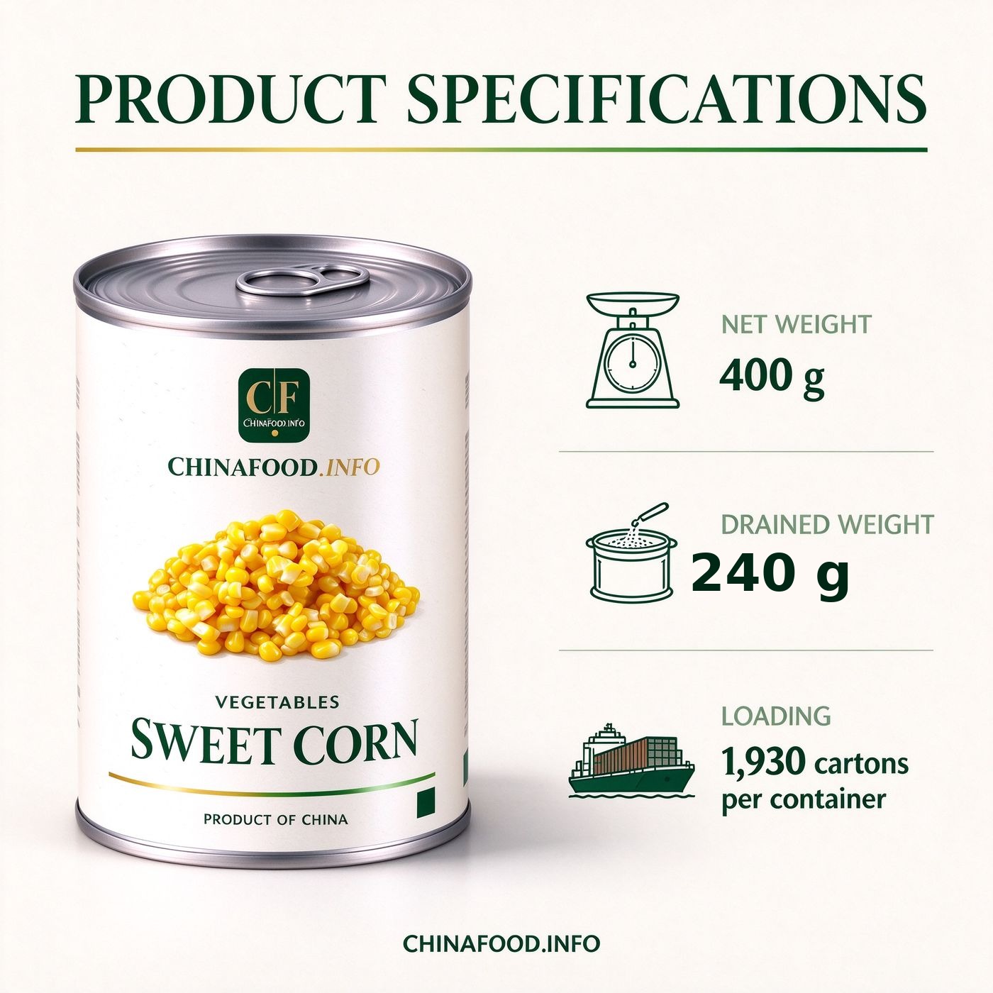 Sweet corn product specification sheet