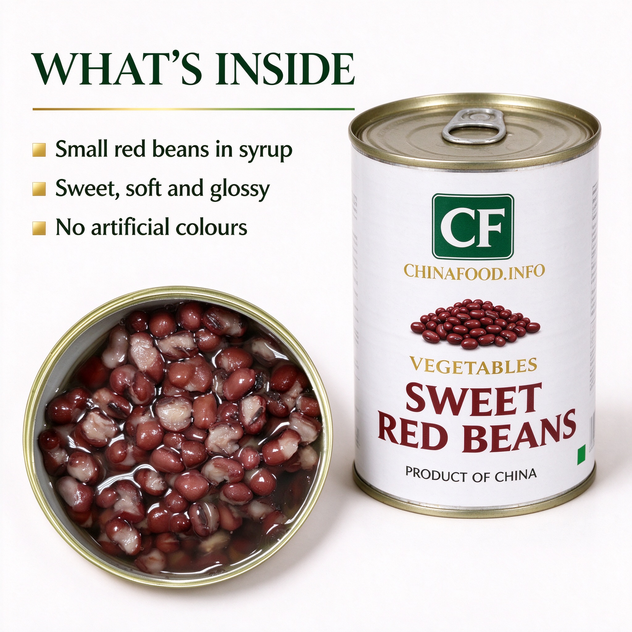 The opened can - small red beans in a light syrup