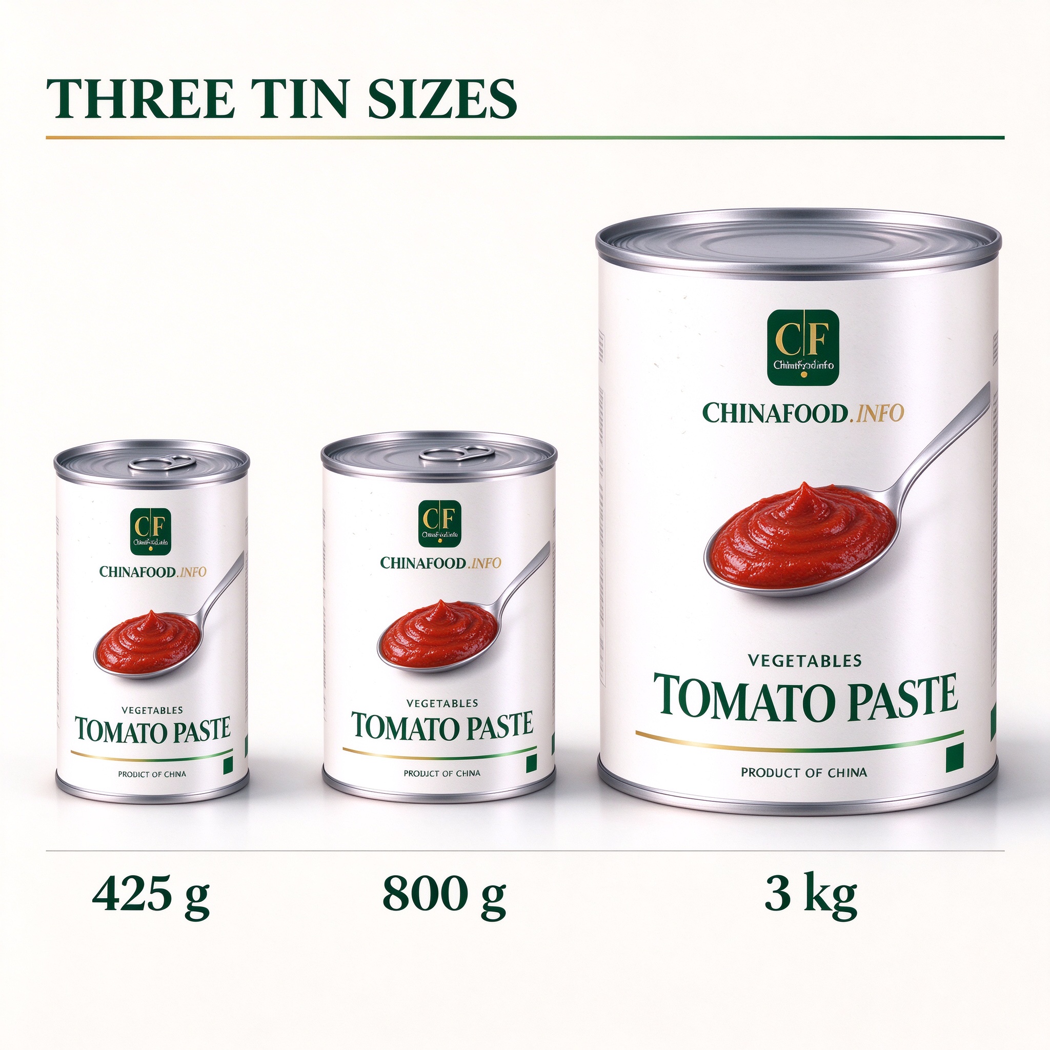 Three tin sizes as packed - 425 g, 800 g and 3 kg