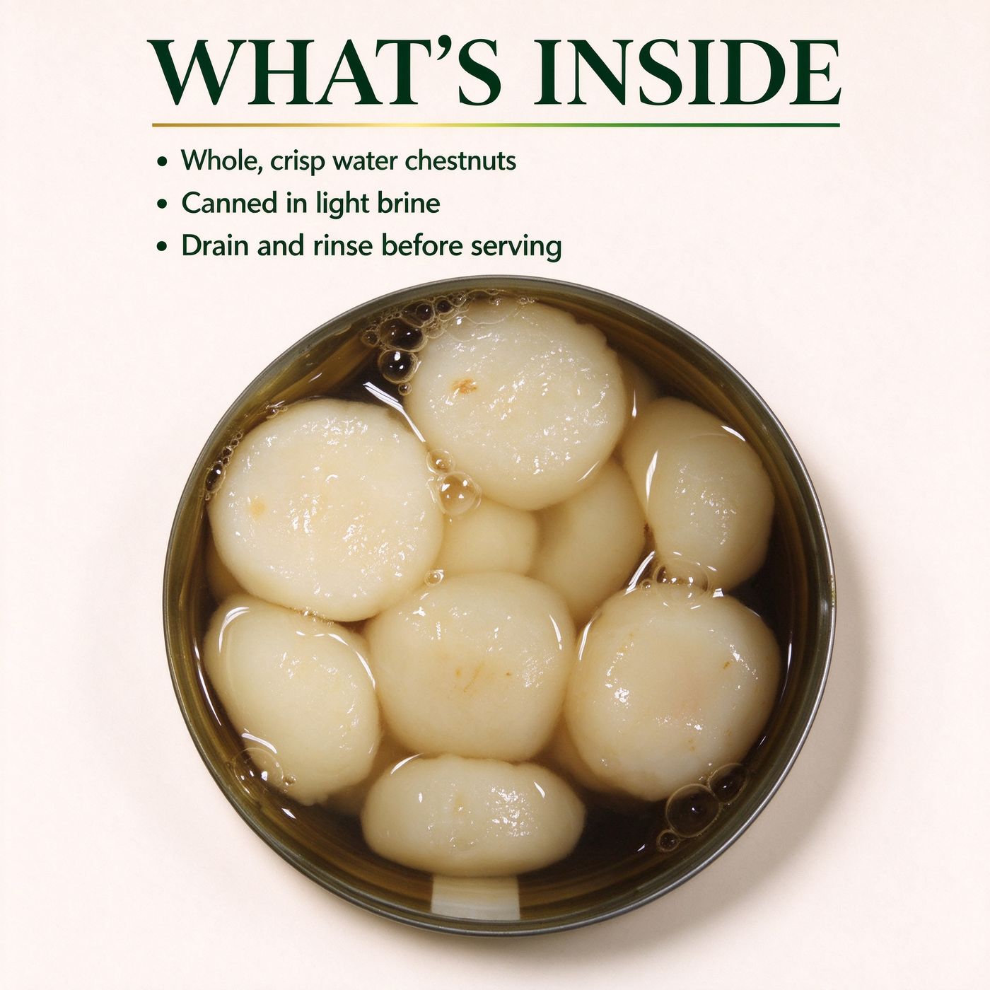 An opened tin of whole water chestnuts, seen from above