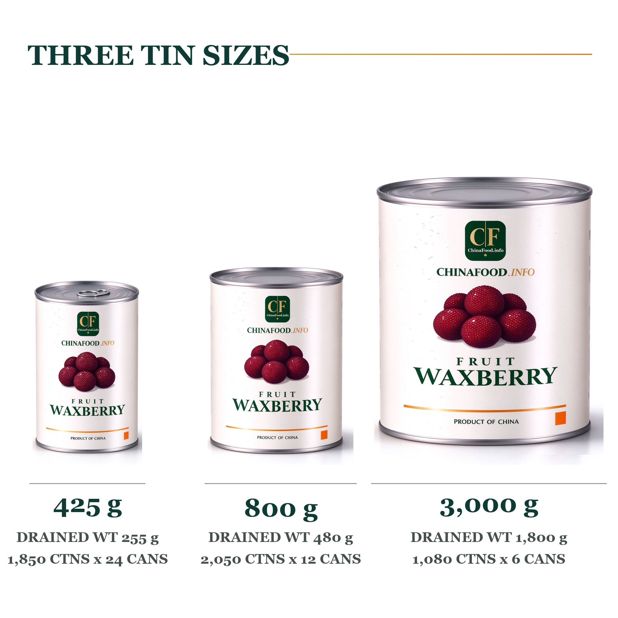 Three tin sizes - 425 g, 800 g and 3,000 g cans of waxberries in light syrup