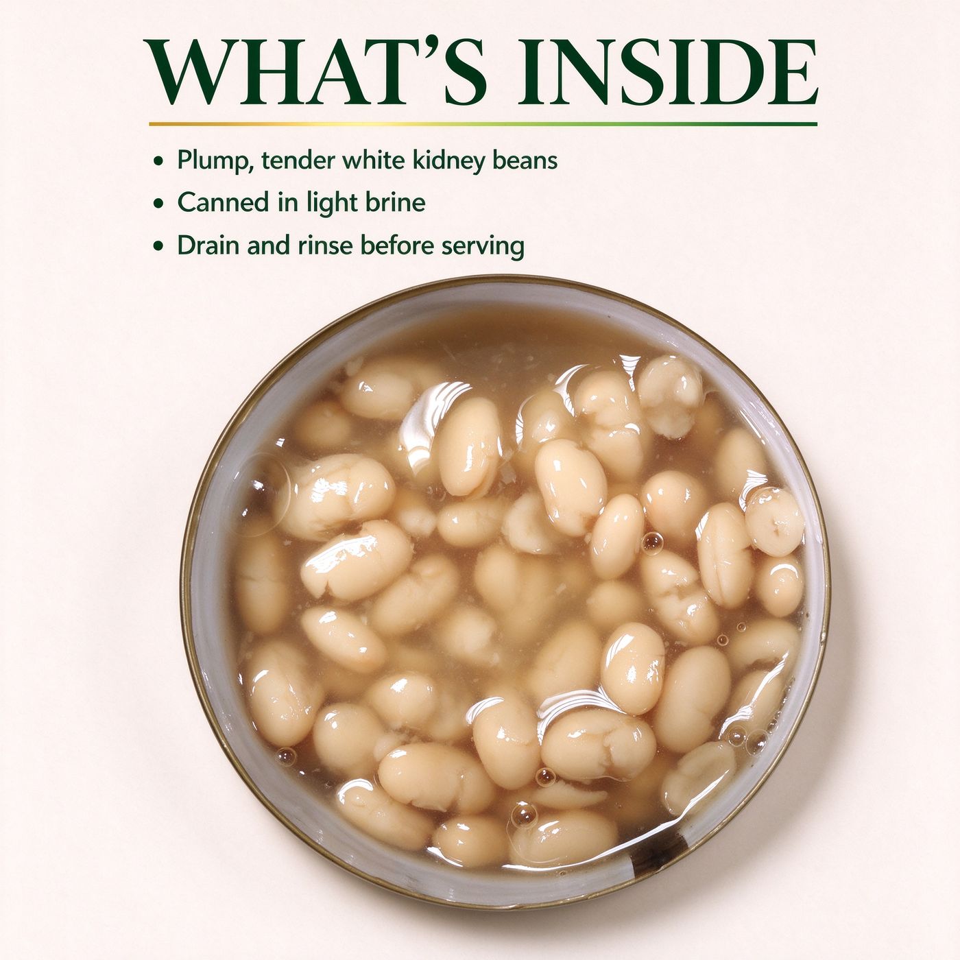 An opened tin of plump white kidney beans in brine, seen from above