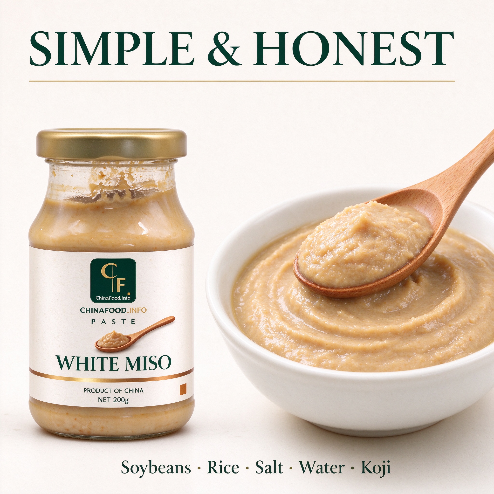 White miso ingredients - soybeans, rice, salt, water, koji
