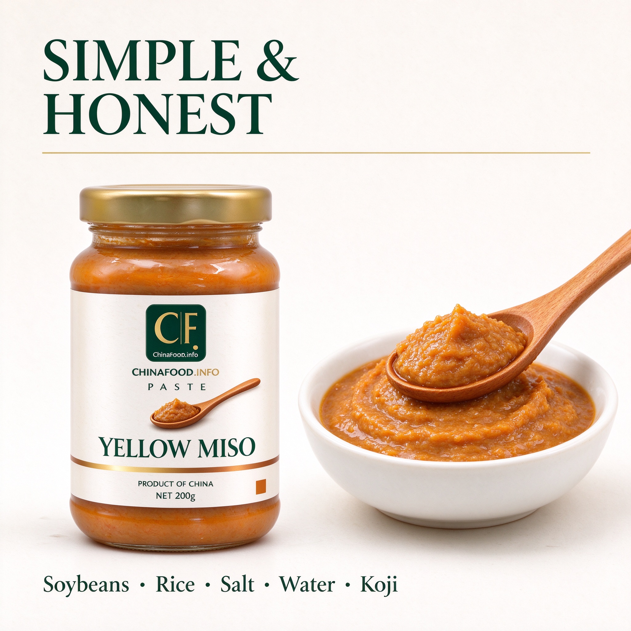 Yellow miso ingredients - soybeans, rice, salt, water, koji