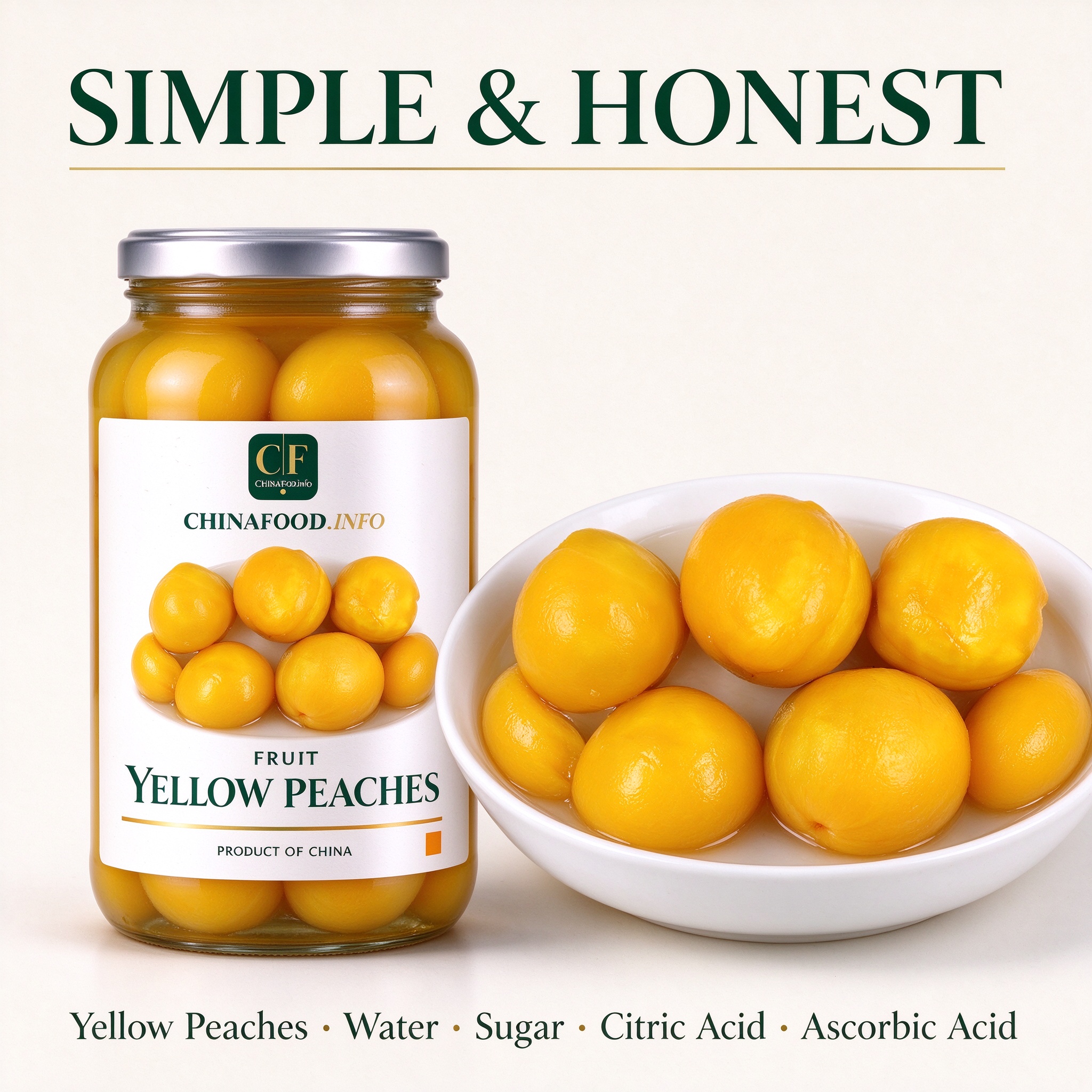 Simple honest ingredient list for jarred yellow peaches