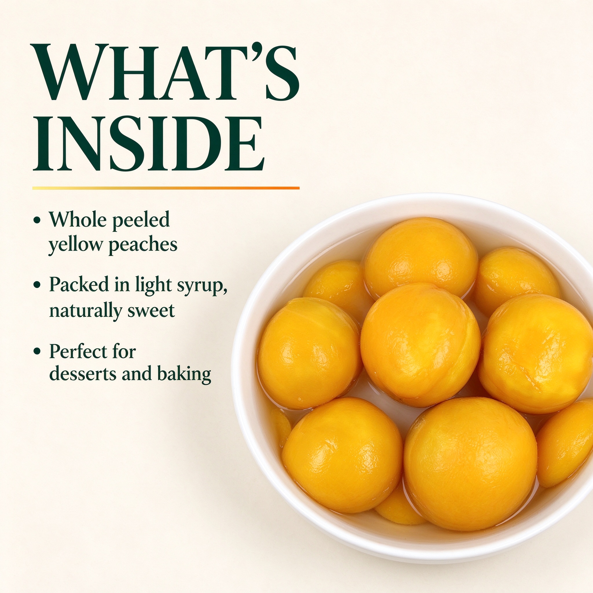 Whole peeled yellow peaches in light syrup
