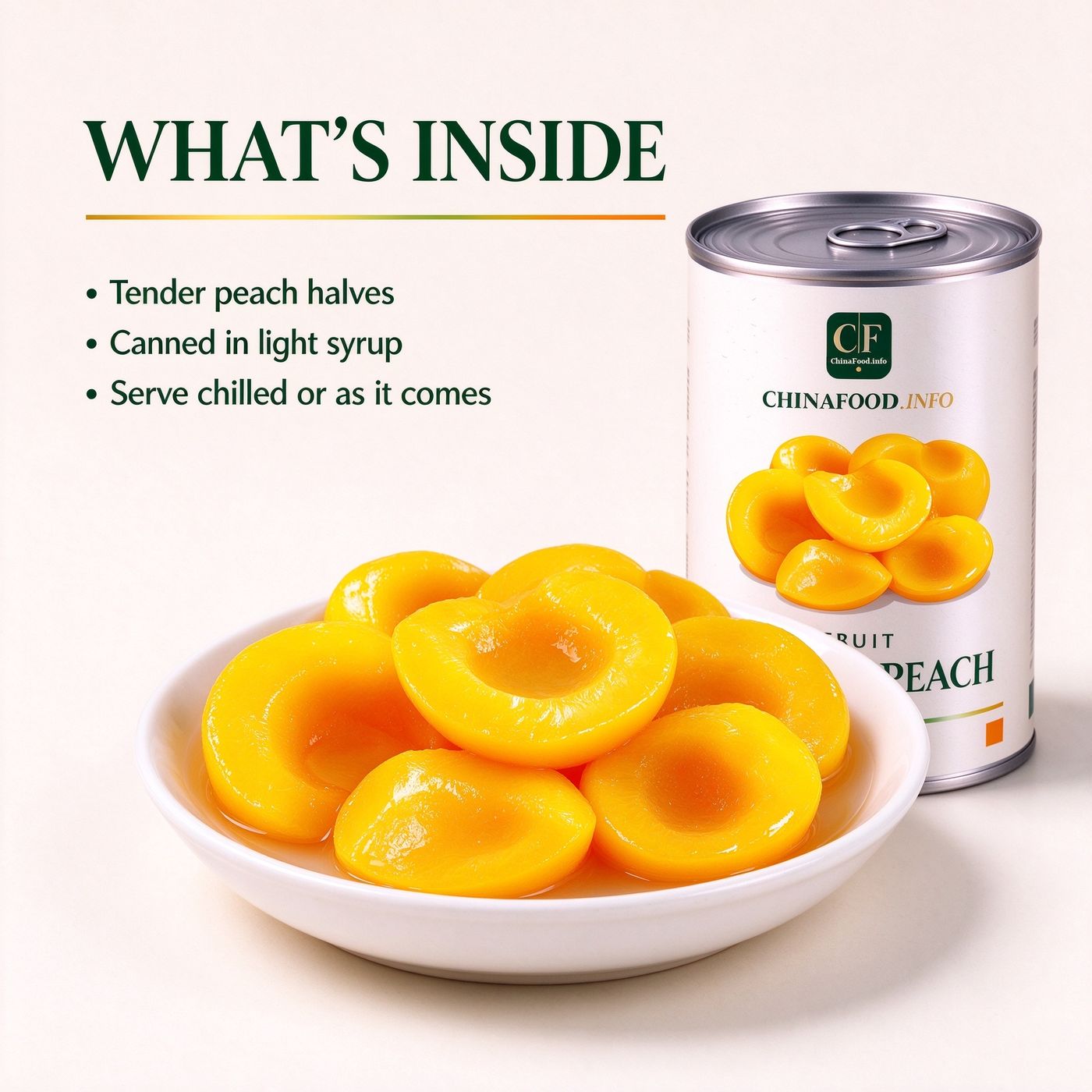Opened tin of canned yellow peach halves in light syrup